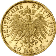 1284: Hamburg. 20 Mark 1908. J. 212. About brilliant uncirculated. Single specimen on the market. Rarest gold coin of the German Empire. Estimate: 125,000 EUR. Hammer price: 110.000 EUR.