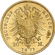 1496: Ernst II, 1844-1893. 20 Mark 1872. Splendid specimen. Rarest type of all coins of the German Empire. Estimate: 75,000 EUR. Hammer price: 130,000 EUR.