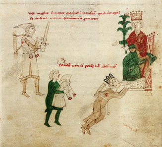 Holy Roman Emperor Henry VI grants a pardon to Richard the Lionheart. Petrus de Ebulo, Liber ad honorem Augusti sive de rebus Siculis, fol 129, recto, c. 1196. Source: Wikipedia.