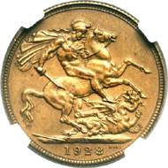 25093: George V bronze pattern Sovereign 1928-SA, reeded edge. Not listed in KM. Hern-U14A (unique). Matte PR64 NGC. Believed to be unique. Estimate: $40,000-$50,000. Realized: $184,000.