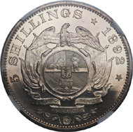 25061: Republic Proof 5 Shillings 1892, KM8.2, Hern-Z36, Double Shaft, estimated mintage 25 pieces, PR66 Cameo NGC. Very rare. From The Orange River Collection. Estimate: $75,000-$100,000. Realized: $161,000.