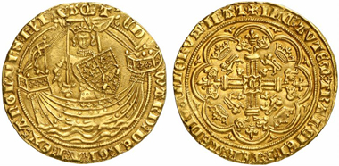Edward III (1327-1377). Noble, Calais, no year. (1361/69). Mint mark cross. Seaby 1504. From Künker auction 191 (2011), 5169.