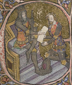 14th century manuscript initial depicting Edward III of England (seated) and his son the Black Prince (kneeling). Source: Wikipedia.