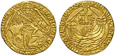 Henry VII (1485-1509). Angel, London, no year. (1495-1498). Seaby 2181. From Künker auction 191 (2011), 5170.