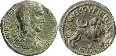 Anemourion. Maximinus Thrax, 235-238. AE. Rv. Lion, above crescent. SNG BN 711. From auktion Gorny & Mosch 186 (2010), 1632.