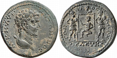 Seleucia. Caracalla. Rv. Infant Dionysos enthroned, three corybants dancing around him. SNG Levante 748. From Gorny & Mosch 159 (2007), 306.