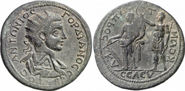 Seleucia. Gordianus III. Rv. Emperor in military habit crowns Tyche of Seleucia. SNG Levante Suppl. 203. From Gorny & Mosch 160 (2007), 2001.