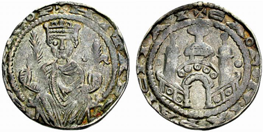 Frederick I, 1152-1190. Penny. Av. Sitting king with palm leaf and lily. Rv. Wall with three towers. Unpublished. From the Barbarossa hoard. From Münzen und Medaillen Deutschland 28 (2008), 669.