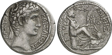 Augustus. Tetradrachm, 5 BC. Rv. Tyche of Antioch, beneath her feet Orontes. From Gorny & Mosch 200 (2011), 2250.