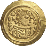 Anonymous Lombardic issue from Pavia. Tremissis in the name of Mauricius Tiberius, seventh cent. Arslan 11var. Künker sale 205 (March 12 and 13, 2012), 1259. Estimate: 1,000 euros. The deformed inscription dates this coin after the first quarter of the seventh cent.