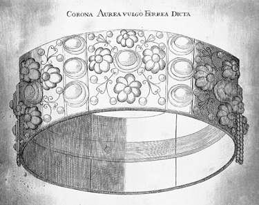 The Langobardic crown. Copper plate engraving by Nicolaus Seelaender (1716). Source: Wikipedia.