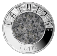 1 lats - central disc of granite, outer ring of 925 silver - 35.00 mm - 13.60 g - Design: Laimonis Senbergs, Janis Strupulis - Mintage: 7,000.
