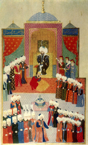 Accession of Mehmed II in Edirne 1451, 1584. Topkapi Palace Museum, Hazine 1523, Hüner-name. Source: Wikipedia.