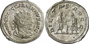 Gallienus. Antoninian, Samosata, 255-256. Rev. Gallienus and Valerian performing a sacrifice. RIC 446. From auction Gorny & Mosch 186 (2010), 2241.