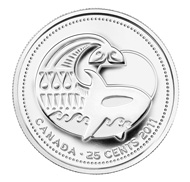 Both versions of the new 25-cent circulation coin, uncoloured and coloured.