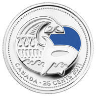 Both versions of the new 25-cent circulation coin, uncoloured and coloured.