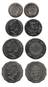 Solomon Islands dollars: 5, 10, 20 and 50 cent coins (1988-1990-1993-1990). The 5 cent coin will no longer be produced. Source: Wikipedia.