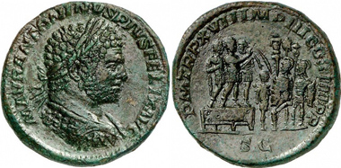 Caracalla, Sestertius, 214. Rv. Caracalla standing on a platform with two officers speaking to soldiers with standards. From Gorny & Mosch auction 180 (2009), 412.