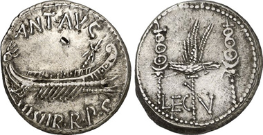 Marcus Antonius. Denarus, 32-31. Rv. Eagle between two military standards. From Gorny & Mosch auction 204 (2012), 2053.