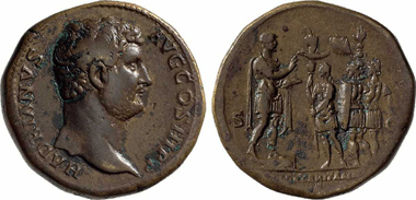 Hadrianus. Sestertius, 137. Rv. Hadrianus in a gesture of speech in front of representatives of the British army. In front the aquilifer with the legion's eagle standard wearing a wolf-skin cap on his head. From Lanz auction 94 (1999), 504.