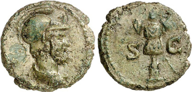 Quadrans, 120-150. Head of Mars. Rv. Trophy. From Gorny & Mosch auction 204 (2012), 2223.