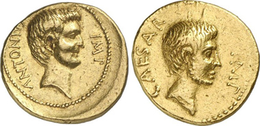 Octavianus, Aureus, 39. Head of Marcus Antonius. Rv. Head of Octavianus as commander with stubbles. From Gorny & Mosch auction 203 (2012), 311.