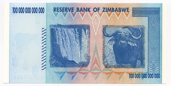 100,000,000,000,000 dollars, 2008, banknote. High inflation in Zimbabwe started in 2004, as the state had its central bank printing more and more money to provide resources for its strapped budget. Inflation reached 624% that year. The situation exponentially worsened and peaked in November, 2008, at a monthly rate of 79.4 billion %, or 98% on a daily rate. The Zimbabwean local dollar was dropped in April, 2009, in favor of using foreign currencies, mainly the US dollar - a paradoxical achievement. The peculiarity of the 100-trillion dollar banknote is the full display of all the 0s, something Hungary or Germany avoided, but which recalls the Yugoslavian practice (Loan of François Velde). Courtesy François Velde and the American Numismatic Society, NYC Zimbabwe.