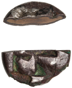 Macedonia (Northern Greece), 1 drachm, c. 450 B.C. Silver, plated. 4.54 grams. Neapolis. This plated coin has been sliced, revealing the outer layer of silver that covers a copper or bronze core. Coinage of uncertain quality could be rejected by money-changers, effectively causing coins issued by states with poor monetary reputations to be traded at a discount - even when they were genuine silver, unlike this plated counterfeit from Neapolis. As such, price stability was imperfectly protected by an untrustworthy coinage (ANS 1934.86.12, gift of Dr. E. P. Robinson). Image Courtesy American Numismatic Society.