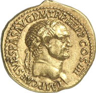 569: ROME. Vespasian (69-79). Aureus, 72. BMC 402. Calico 627 b. Coh. 139. RIC 2nd edition 1179. Rare, small scratches on the rev., attractive EF. Estimate: 12,500 euros, hammer price: 135,000 euros.