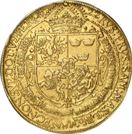 6444: POLAND. Sigismund III, 1587-1632. Portugalöser of 10 ducats 1622. Fb. 77. H.-Cz. 5793 (R7). Kopicki -. Of great rarity, tiny graffiti, attractive VF. Estimate: 30,000 euros, hammer price: 130,000 euros.