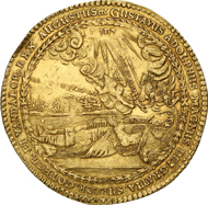 7541: WOLGAST. 20 ducats 1633. Ahlström 2 (XR). Fb. -.Hagander 133. Hildebrand I, p. 190, 186. Of greatest rarity. Fields finely divided, small edge flaw, attractive very fine example. Estimate: 50,000 euros, hammer price: 100,000 euros.
