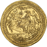 7541: WOLGAST. 20 ducats 1633. Ahlström 2 (XR). Fb. -.Hagander 133. Hildebrand I, p. 190, 186. Of greatest rarity. Fields finely divided, small edge flaw, attractive very fine example. Estimate: 50,000 euros, hammer price: 100,000 euros.