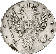 8061: RUSSIA. Anna (1730-1740). Rouble 1734. Bitkin 92 (R2). Dav. 1672. Diakov 9. Of great rarity, small strip end, VF+. Estimate: 10,000 euros, hammer price: 44,000 euros.