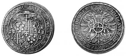 CONSTANCE. Marcus Sitticus of Hohenems as Bishop of Constance 1561-1589. Gulden taler of 60 kreuzer, 1573. Crest, cardinal?s hat above. Rev. Haloed imperial eagle, on the chest imperial orb with the value number 60. Year 15-73. Berst. 405var. Museum zu Allerheiligen inv. N10651. From auction sale Leu Numismatik AG 73 (1998), 967.