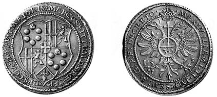 CONSTANCE. Marcus Sitticus of Hohenems as Bischop of Constance 1561-1589. Half gulden taler of 30 Kreuzer, n.d. Crest. Rev. Haloed imperial eagle, on the chest imperial orb with the value number 30. Berst. 406. Museum zu Allerheiligen inv. N10652. From auction sale Leu Numismatik AG 73 (1998), 969.