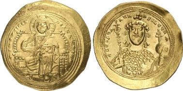 Constantine IX Histamenon. Rev. Emperor with labarum and globe cruciger. From auction Gorny & Mosch 203 (2012), 621.