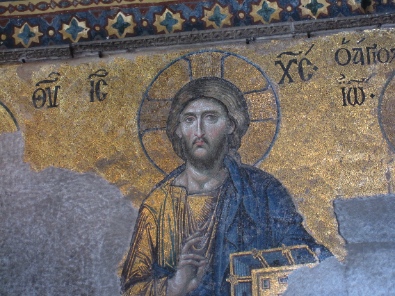 Christ Pantocrator, right hand elevated to give His blessing, book in the left. Photograph: KW.