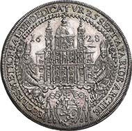 SALZBURG. Paris of Lodron, Prince Archbishop 1619-1653. Taler 1628 on the dedication of the new cathedral. Saints Rupert and Virgil with the church model. Rev. Translation of the relics. Dav. 3499. From auction sale Numismatik Lanz 127 (2005), 373.