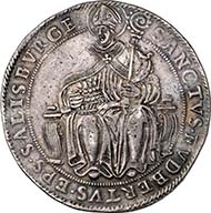SALZBURG. Wolf Dietrich of Raitenau, Prince Bishop 1587-1612. Taler n.d. Crest of Wolf Dietrich under legate hat. Rev. Enthroned Saint Rupert. Dav. 8184. From auction sale Numismatik Lanz 127 (2005), 272.