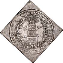 SALZBURG. Wolf Dietrich of Raitenau, Prince Bishop 1587-1612. Double taler klippe 1593. Rupert holding the crest of the Prince Bishop. Rev. RESISTIT IMMOTA (= Steady he may stand. Tower in storm-tossed sea, buffeted by the winds, hit by hail. Dav. 8198. From auction sale Numismatik Lanz 127 (2005), 258.
