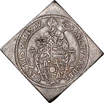 SALZBURG. Wolf Dietrich of Raitenau, Prince Bishop 1587-1612. Double taler klippe 1593. Rupert holding the crest of the Prince Bishop. Rev. RESISTIT IMMOTA (= Steady he may stand. Tower in storm-tossed sea, buffeted by the winds, hit by hail. Dav. 8198. From auction sale Numismatik Lanz 127 (2005), 258.