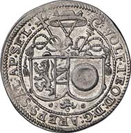 SALZBURG. Wolf Dietrich of Raitenau, Prince Bishop 1587-1612. 1/8 taler (= half ortstaler) n.d. Shield of diocese and family. Rev. Legate hat. Enthroned Saint Rupert. Probszt 852. From auction sale Numismatik Lanz 127 (2005), 289.