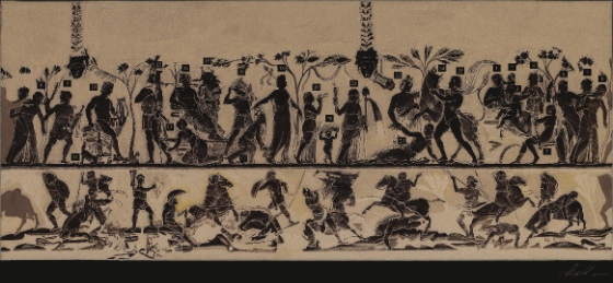 Drawing of the vase from a private collection presented by Bonham. The figures are: 1-3 Antiope and her children; 4 wet nurse or Eileithyia, goddess of childbirth; 5 unexplained; 6 Dirke; 7 Amphion; 8 Antiope; 9 Zethos; 10 Amphion; 11 hunting dog; 12 Zethos; 13 Antiope; 14 Kithairon; 15 his wife and one of the Erinyes called Tisiphone, or Megaira; 16-21 procession of the mystes of Dionysos: satyr (16), female servant (17), Dirke (18), female flute player (19), boy with liknon (20); 21 Antiope; 22 Amphion; 23 Dirke; 24 bull; 25 Zethos. Drawing by Alexander Valdmann, New York. © Hans-Christoph von Mosch.