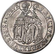SALZBURG. Wolf Dietrich of Raitenau, Prince Bishop 1587-1612. 1/8 taler (= half ortstaler) n.d. Shield of diocese and family. Rev. Legate hat. Enthroned Saint Rupert. Probszt 852. From auction sale Numismatik Lanz 127 (2005), 289.