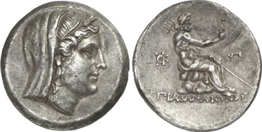 Byzantion (Thrace). Tetradrachm, 3rd cent. Demeter. Rev. Poseidon, holding an aphlaston in the elevated right hand. Schönert-Geiss 1002. From auction Gorny & Mosch 199 (2011), 142.