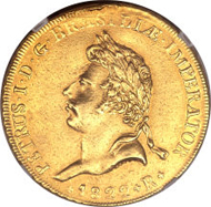 23733: Pedro I gold 6400 Reis 1822-R, KM361, VF Details NGC (mount removed), Ex-Eliasberg, struck for the coronation of Pedro I. Extremely rare. Estimate: $100,000 - $150,000. Realized: $138,000.