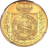 23733: Pedro I gold 6400 Reis 1822-R, KM361, VF Details NGC (mount removed), Ex-Eliasberg, struck for the coronation of Pedro I. Extremely rare. Estimate: $100,000 - $150,000. Realized: $138,000.