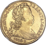 Joao VI (as King) gold 6400 Reis 1822-R, KM328, AU58 NGC, nicely struck with lustrous surfaces. Estimate: $80,000 - $100,000. Realized: $138,000.