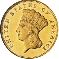 Lot 1256: 1871 $3 Proof 63 Cameo NGC. Sold for $21,060.