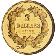 Lot 1256: 1871 $3 Proof 63 Cameo NGC. Sold for $21,060.